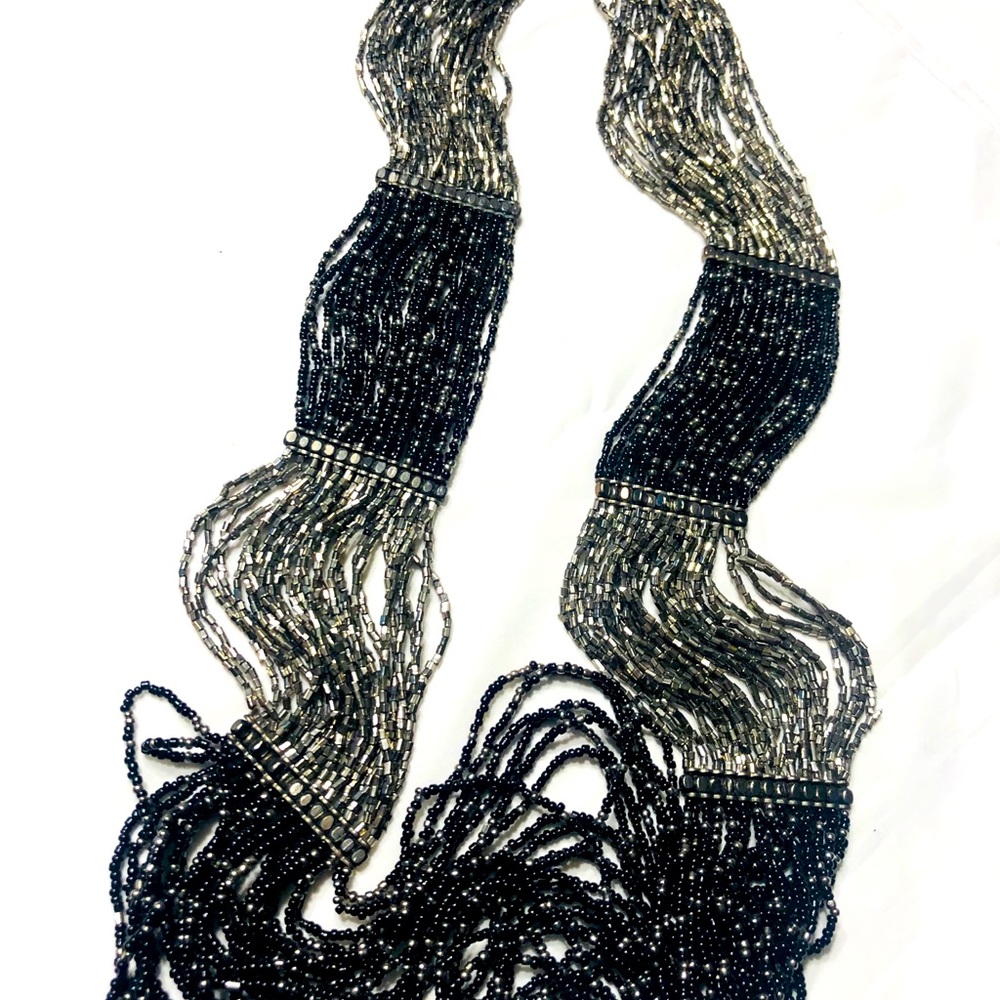 Long heavy black silver beaded necklace